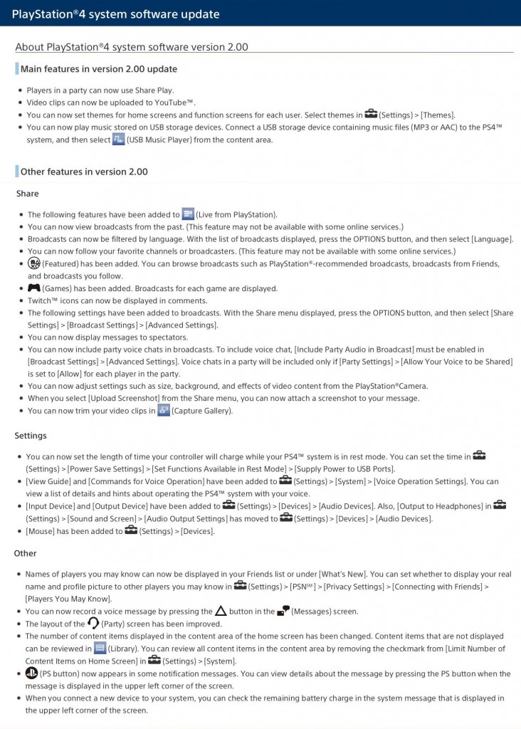PS4 Update Notes